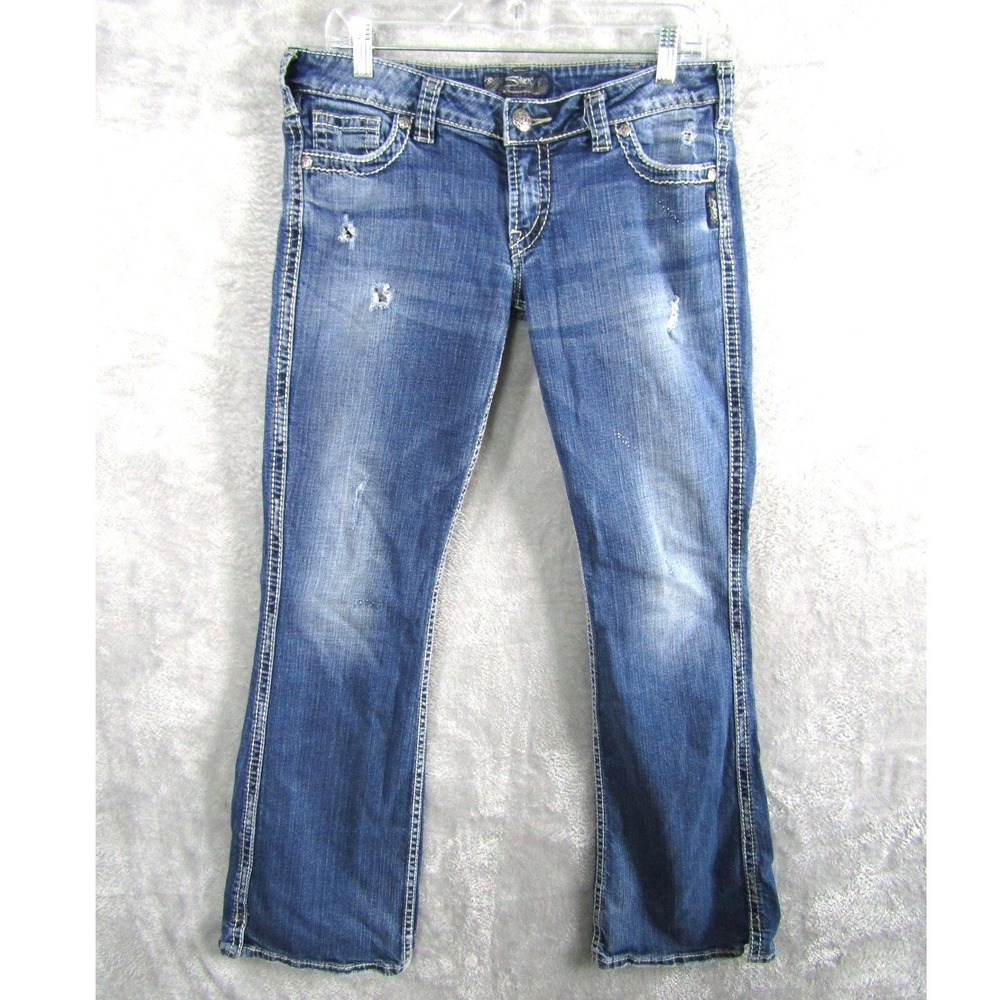 Silver Jeans Twisted Mid Slim Boot Womens 32 Blue Denim Distressed Thick Stitch